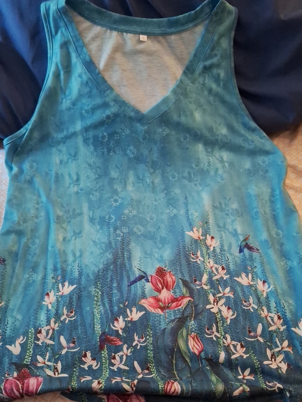 Teal Floral V-Neck Tank with Hummingbird Print